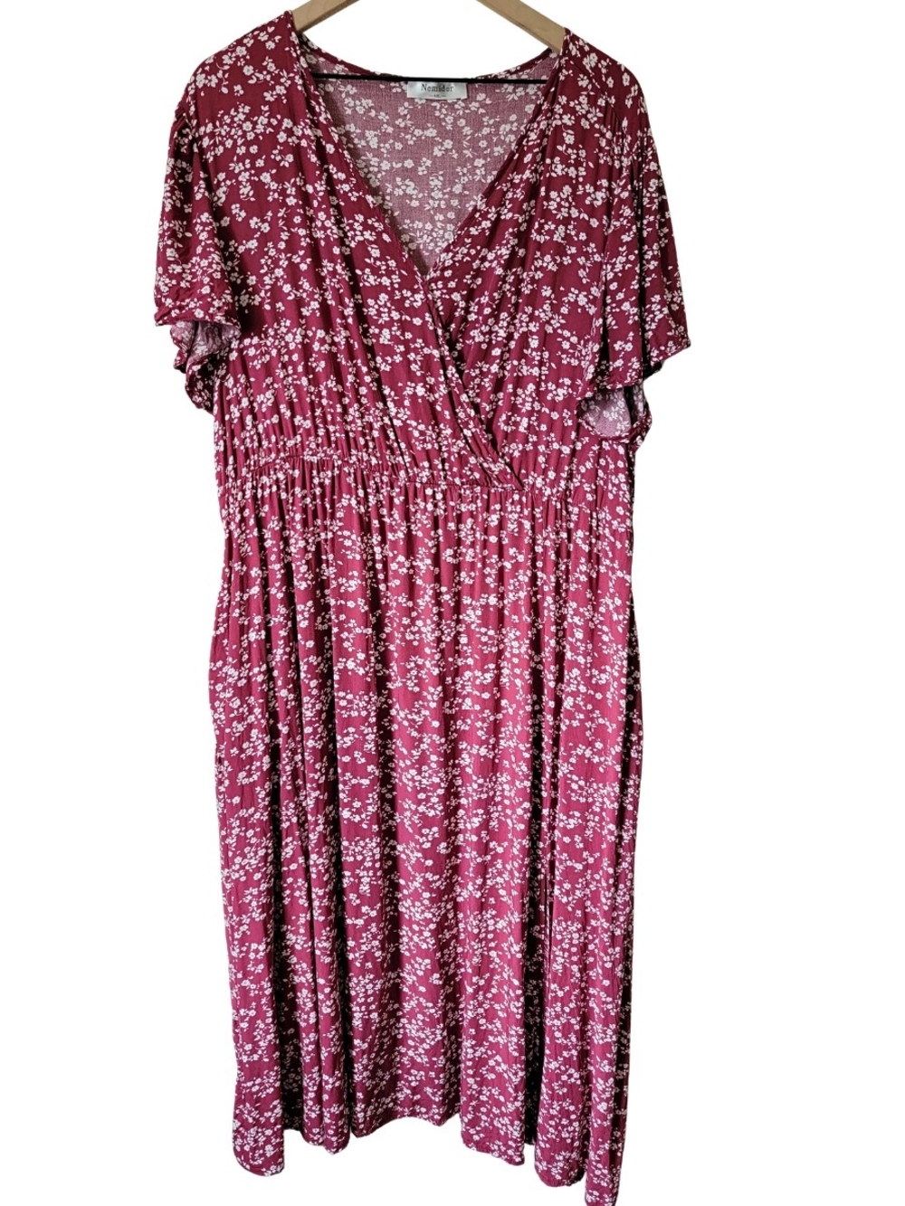 Burgundy Floral Midi Dress with V-Neck, Elastic Waist & Pockets